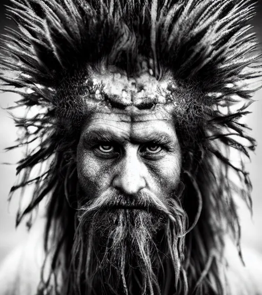 Prompt: Award winning Editorial photograph of Early-medieval Scandinavian Folk monsters wearing traditional garb in a thuderstorm with incredible hair and beautiful hyper-detailed eyes by Lee Jeffries, 85mm ND 4, perfect lighting, gelatin silver process