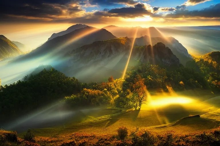 Prompt: landscape photography of copacul lui bezergheanu by marc adamus, morning, mist, rays of light, beautiful