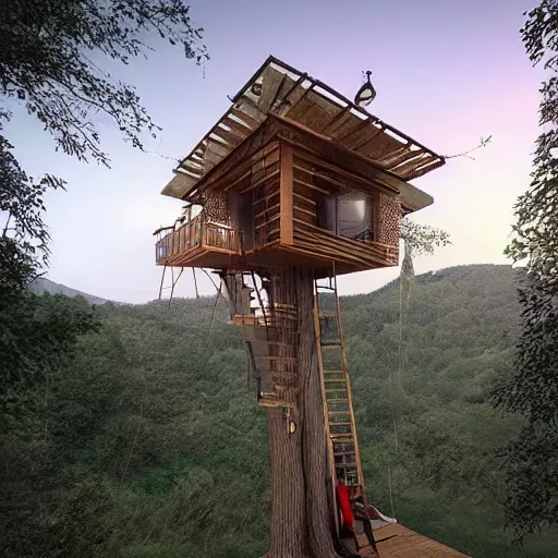 Prompt: a beautiful tree house by studio ghibili situated on a hill, trending on artstation, he