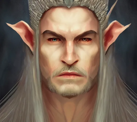 Image similar to Portrait of a powerful Elven King in the style of Icewind Dale portraits; masterpiece; trending on artstation; f/1.4; 90mm