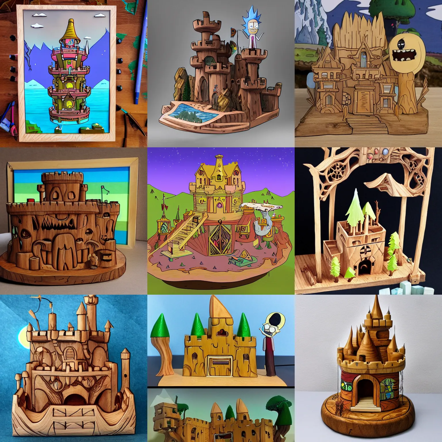 Prompt: a photorealistic fantasy wood carving of a floating castle adalasion monotronics, in the world of adventure time with rick and morty playing in a band.