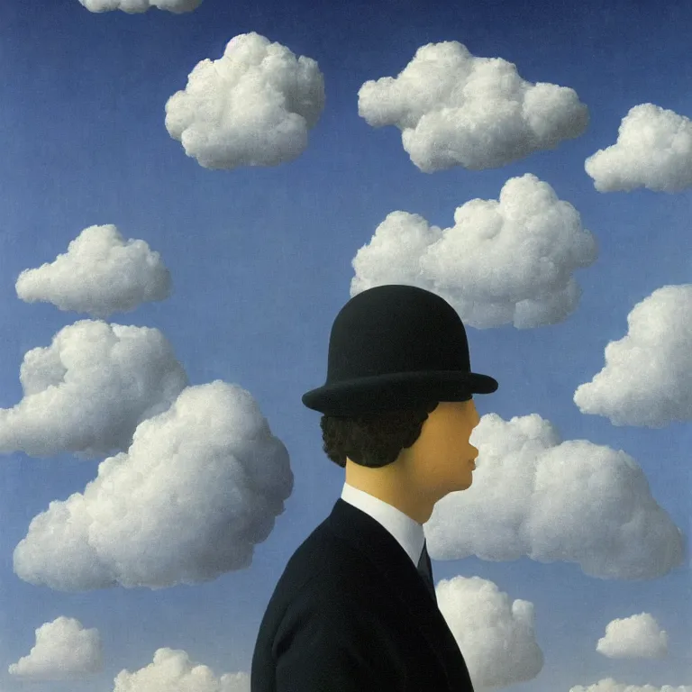 Image similar to portrait of a man whos head is a cloud, his head is hidden with cloud, by rene magritte, detailed painting, hd, hq, high resolution, high detail, 4 k, 8 k