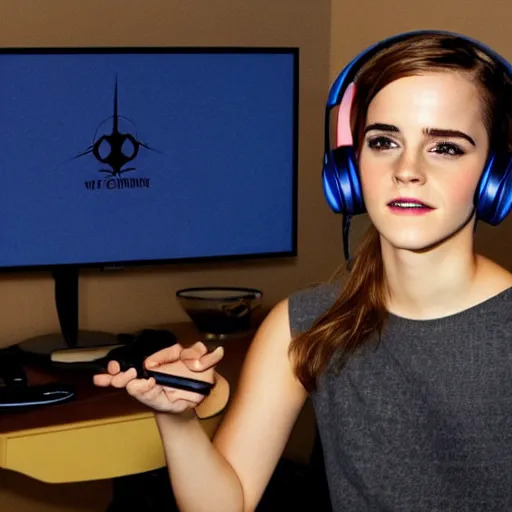 Image similar to emma watson wearing a gaming headset photo sitting on gaming chair dramatic lighting from monitor light from gaming monitor in gaming room holding controller