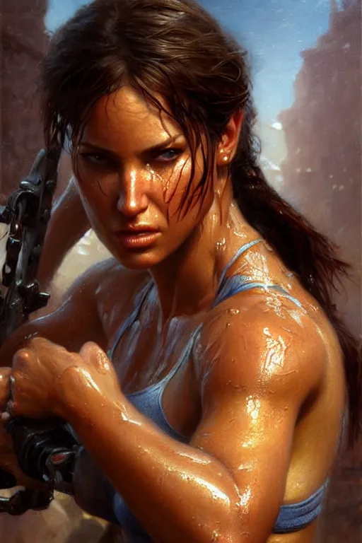 Image similar to muscular sweat and wet, lara croft, exhausted face close up, highly detailed painting by gaston bussiere, craig mullins, j. c. leyendecker 8 k