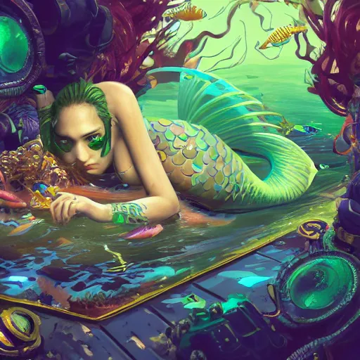 Prompt: highly detailed portrait of a cyberpunk mermaid swimming through a coral reef by Akihiko Yoshida, Greg Tocchini, 8k resolution, hearthstone inspired, sea green, yellow, blue, white, coral and black color scheme with graffiti