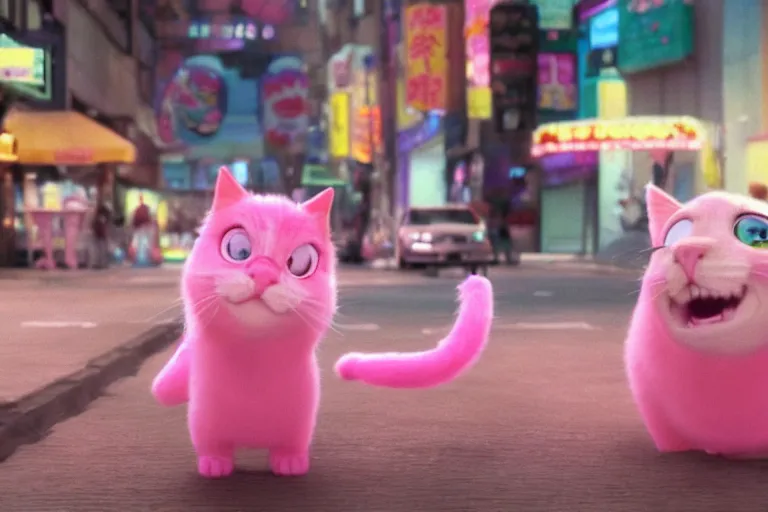 Prompt: film still from a pixar movie about a pink cat causing trouble in taipei