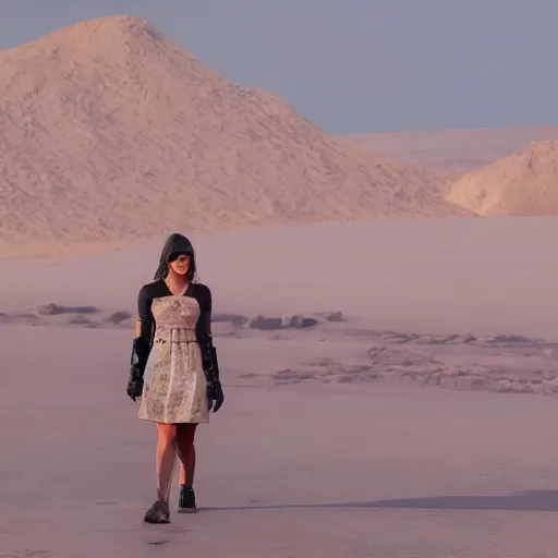 Prompt: a woman full figure cyberpunk walks in the desert, in the distance you can see a futuristic city, hyperrealism, subsurface scattering, rim light, highly detailed, sharp focus