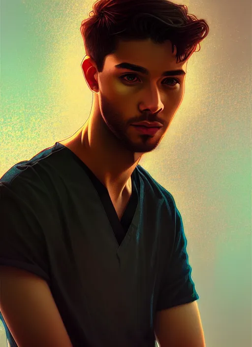 Image similar to handsome young man with black medical, half body shot, path traced, highly detailed, high quality, digital painting, alena aenami, lilia alvarado, shinji aramaki, karol bak, alphonse mucha, tom bagshaw