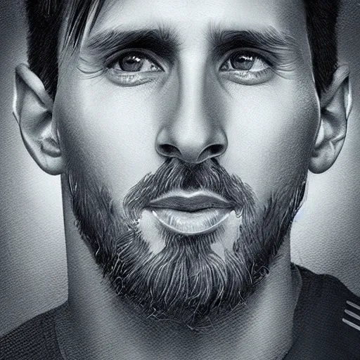 Image similar to a well designed portrait of Messi , detailed, realistic, sketch style, Artstation,Greg Rutkowski, 8K resolution.