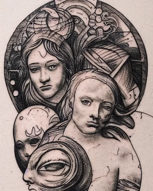 Prompt: planets on the top of a broken renaissance head statue, realism tattoo design, in the style of tony santos