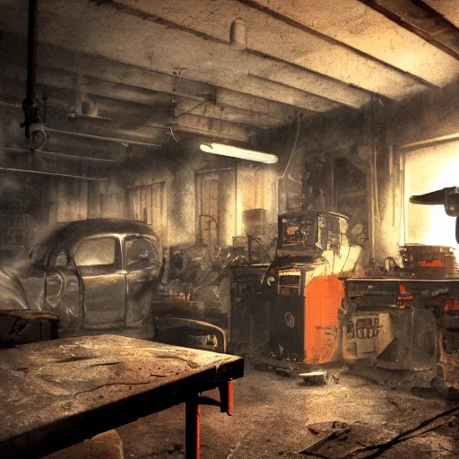 Image similar to original amiga 5 0 0, dark messy smoke - filled cluttered workshop, dark, dramatic lighting, orange tint, cinematic, highly detailed, sci - fi, futuristic, movie still