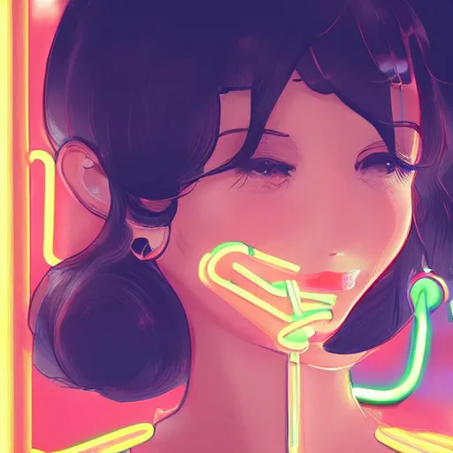 Image similar to portrait of beautiful girl with dark hair dressed in 1940's style, sitting in cafe alone, nighttime, low-key neon lighting, 4k, HQ, official media, anime key visual, makoto shinkai, ilya kuvshinov, lois van baarle, rossdraws, detailed, trending on artstation