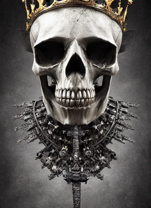 Image similar to portrait of king arthur skull faced knight cyborg with a crown with engravings, studio portrait against a black background, modern fine art, fractal, intricate, elegant, highly detailed, digital photography, subsurface scattering, in the style of ghost, by jheronimus bosch and yue minjun and giger and greg rutkowski,