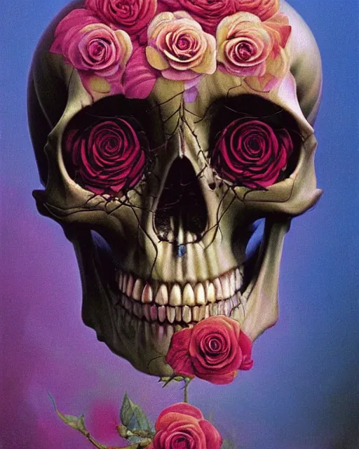 Image similar to portrait of a female skull with roses instead of eyes. roses, intricate abstract upper body intricate artwork, by zdzislaw beksinski, cinematic arthouse, key art, hyper realism, iridescent accents