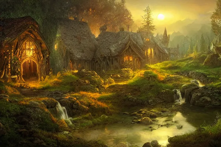 Image similar to fantasy painting, dungeons and dragons, celtic sylvan rivendell medieval village hovels with a stream in a forested valley, sunset with ominous shadows, a bunny by jessica rossier and brian froud cinematic painting