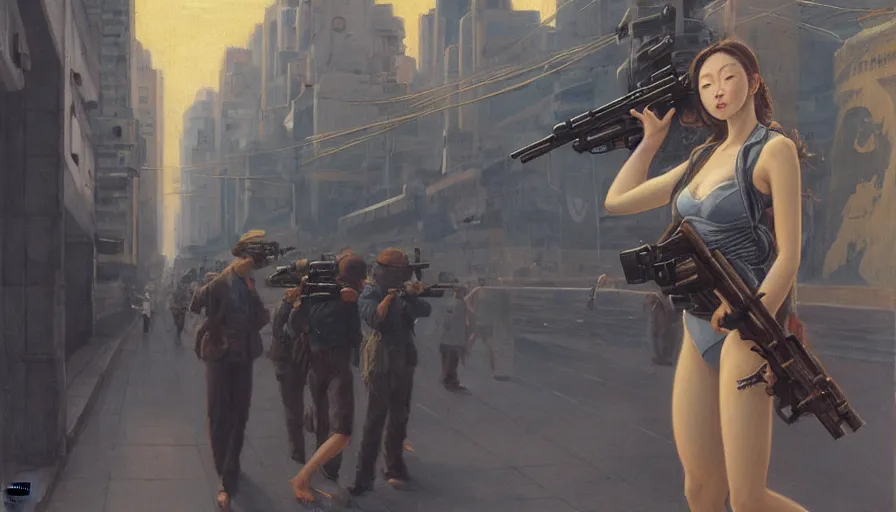 Image similar to a ultradetailed beautiful painting of a girl holding a gun on rio de janeiro by cheng hsiao - ron, ngai victo, jean delville by wlop and dougherty patrick, trending on artstation, sci fi, futurism, post capitalism, octane rendering, sharp focus