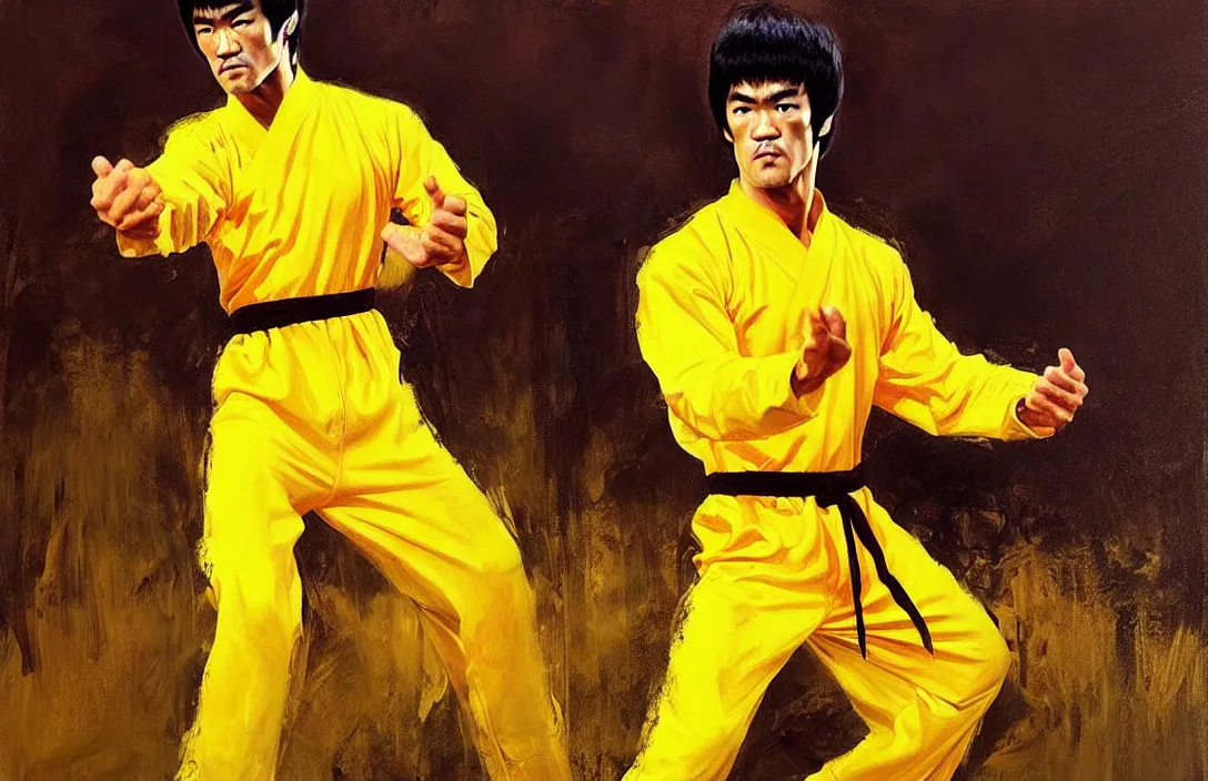 Image similar to portrait of bruce lee in yellow jump suit!!!!!!!!!!!!!!!!!!!!!!!!!!!, detailed face, detailed painting, epic lighting, by ilya repin, phil hale and kent williams