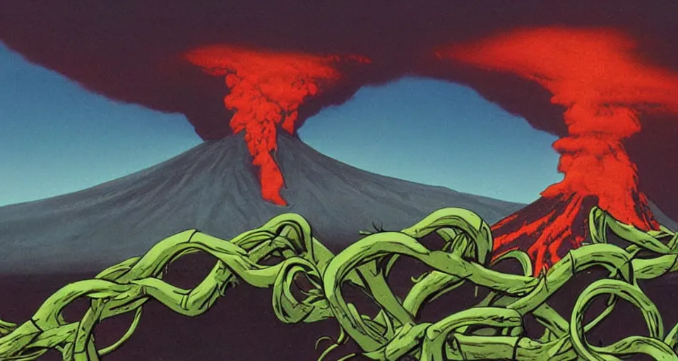 Image similar to a volcano made of ivory vines and crimson rocks enters in eruption, it spits a smoke in the shape of demonic eye, by don bluth