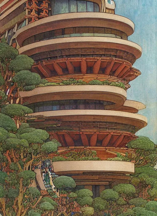 Prompt: a beautiful Frank Lloyd Wright painting of a serene neo-andean architecture with curly tall windows, spherical balconies, tiny human figures climbing, by Ivan Bilibin, geometric