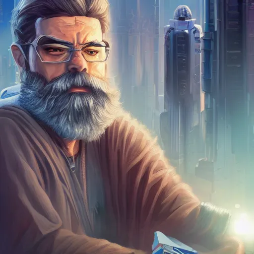 Prompt: Ultrarealistic illustration bearded jedi working on legos, cyberpunk, sci-fi fantasy,intricate,elegant,highly detailed, digital painting, artstation, concept art