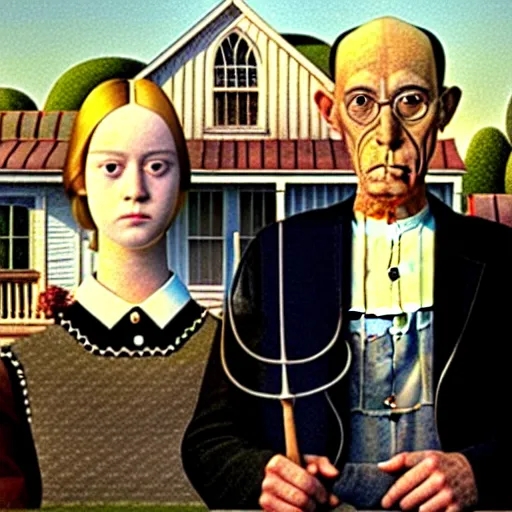 Prompt: Painting of Elle Fanning and Dakota fanning, American gothic style, by Grant Wood. 8K. Extremely detailed.