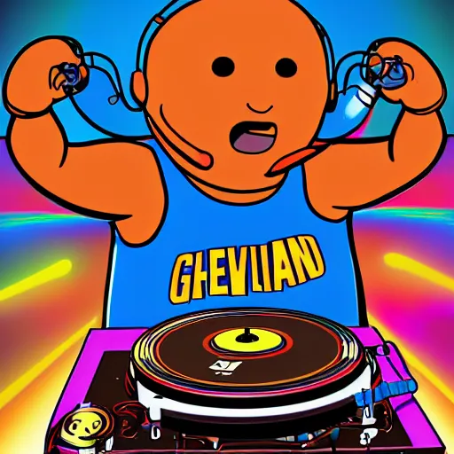 Image similar to svg sticker of a Dancing-Cleveland Brown, at a rave, spinning records, giant headphones rocking out, wearing headphones, huge speakers, dancing, rave, DJ, spinning records, digital art, amazing composition, rule-of-thirds, award-winning, trending on artstation, featured on deviantart