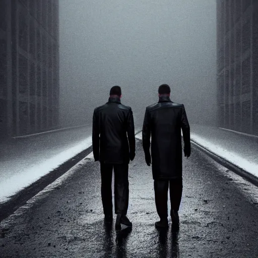 Prompt: 2 blurred men in black leather in a brutalist landscape in winter, heavy rain and mist, cinematic lighting