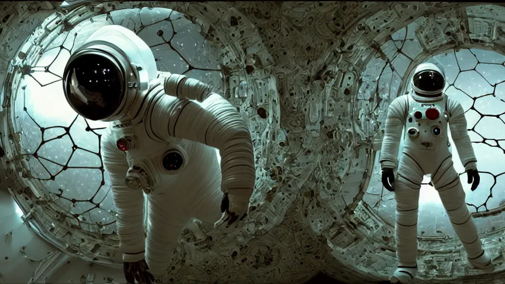 Image similar to a cybernetic symbiosis of a single astronaut eva suit infected with diamond 3d fractal lace iridescent bubble 3d skin covered with insectoid compound eye camera lenses floats through the living room, film still from the movie directed by Denis Villeneuve with art direction by Salvador Dalí, wide lens,