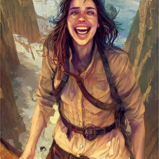 Image similar to happy female adventurer, by jon foster.