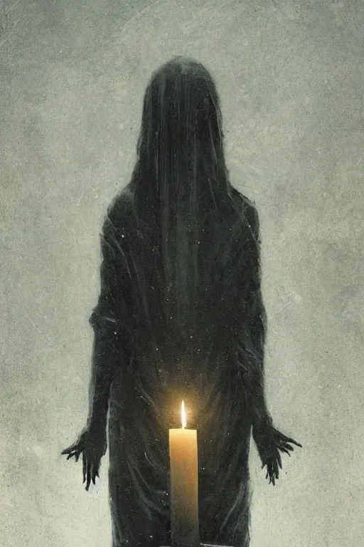 Image similar to Spirit holding a candle in the middle of the room, horror, illustrated by Greg Rutkowski and Caspar David Friedrich., Trending on artstation, artstationHD, artstationHQ, 4k, 8k