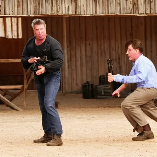 Image similar to alec baldwin shooting someone standing in a desert barn