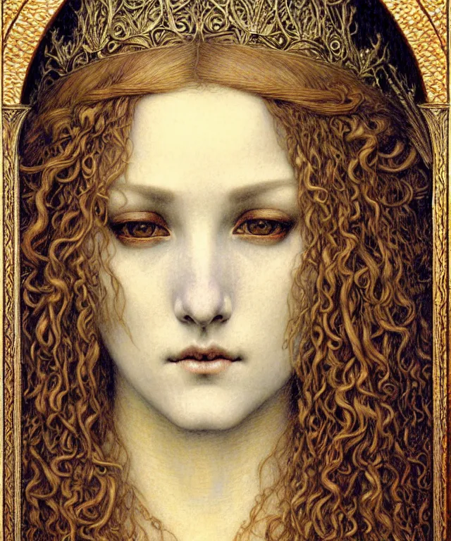 Image similar to detailed realistic beautiful young medieval queen face portrait by jean delville, gustave dore and marco mazzoni, art nouveau, symbolist, visionary, gothic, pre - raphaelite. horizontal symmetry