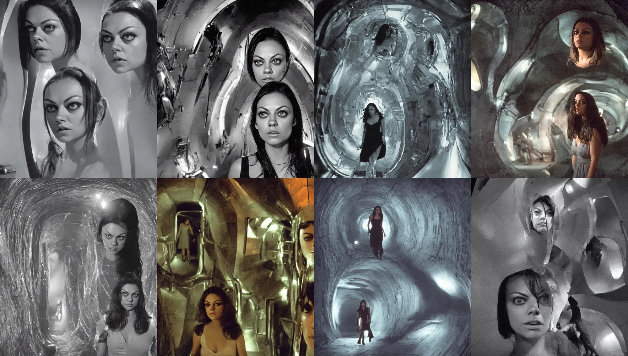 Image similar to face close-up of Mila Kunis walking through an eerie space ship hallway, 1960s Technicolor, Ludek Pesek, Rick Guidice, Chesley Bonestell, Lucien Rudaux, Rolf Klep, Fred Freeman, George Pal