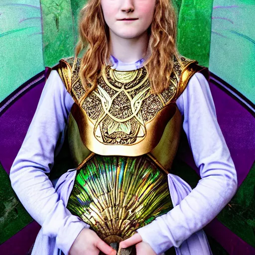 Prompt: well-lit studio portrait of 16-year old Saoirse Ronan wearing iridescent, green mother of pearl and malachite art nouveau style full body female mail armor by Steve McCurry and Alphonse Mucha