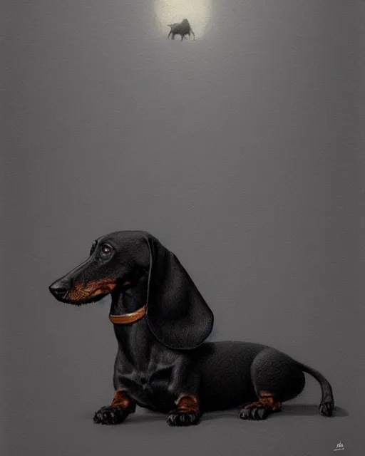 Prompt: painting black coat dachshund, by zdzislaw beksinski, by mattias adolfsson, by tiffany bozic, cold hue's, warm tone gradient background, concept art, single object scene, beautiful composition, digital painting