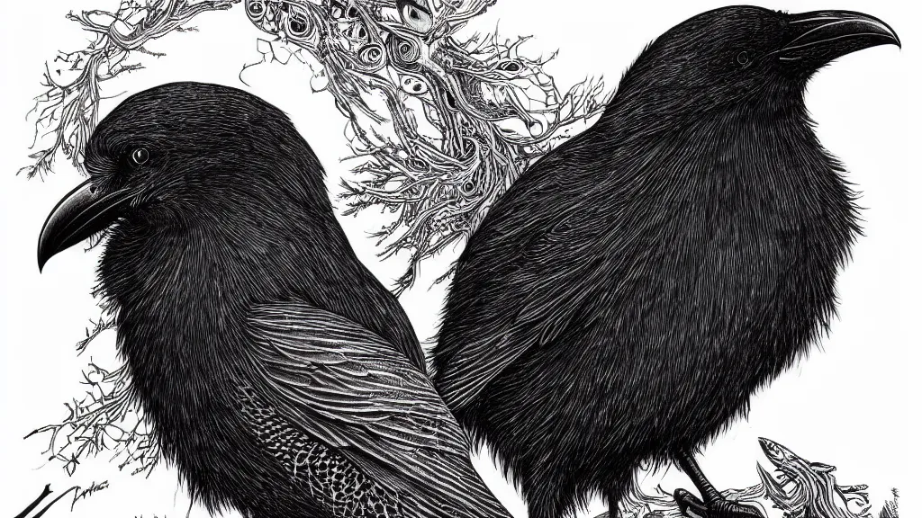 Image similar to highly detailed illustration of a crow by aaron horkey