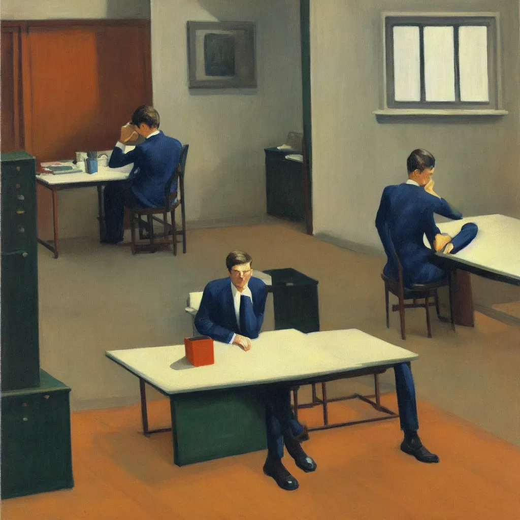 Image similar to painting of a man, sitting at his desk alone, in a huge office, in the style of edward hopper