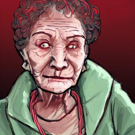 Prompt: An old lady with red skin, red skin, red skinned, in the style of Disco Elysium, Disco Elysium, Disco Elysium artwork