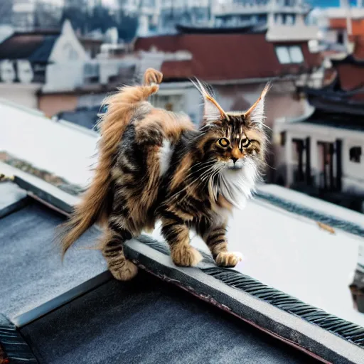 Prompt: a cute maine coon cat walking on the roof of acient chinese in the morning, arcane style