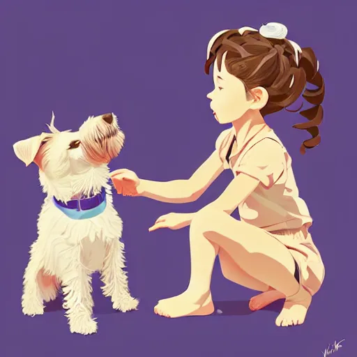 Prompt: little girl with short wavy curly light brown hair standing next to a wire haired jack russell terrier puppy, white with brown patches over both eyes. blue background. clean cel shaded vector art by lois van baarle, artgerm, helen huang, by makoto shinkai and ilya kuvshinov, rossdraws, illustration, art by ilya kuvshinov