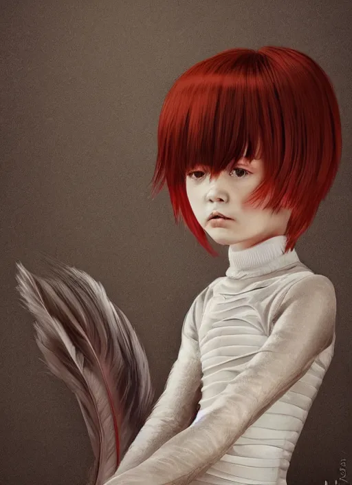 Image similar to little girl with an eccentric haircut wearing an dress made of feathers, artwork made by ilya kuvshinov, full character