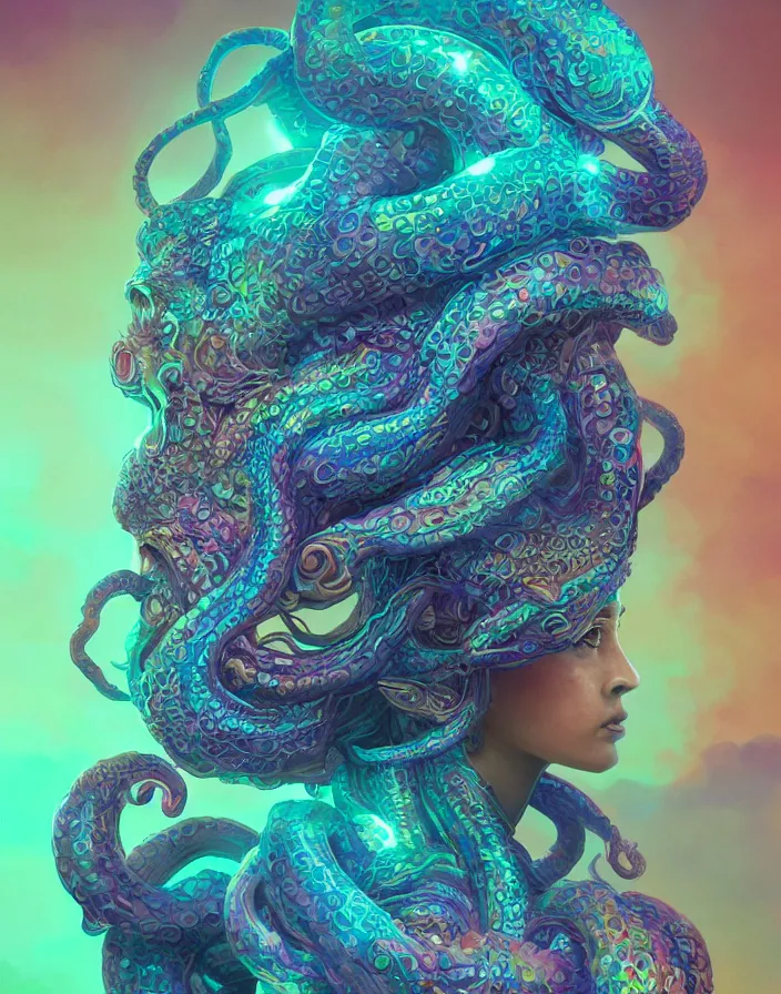 Image similar to goddess portrait. iridescent octopus phoenix head. intricate artwork by Tooth Wu and wlop and beeple and dan mumford. octane render, trending on artstation, greg rutkowski very coherent symmetrical artwork. cinematic, hyper realism, high detail, octane render, 8k, depth of field, bokeh