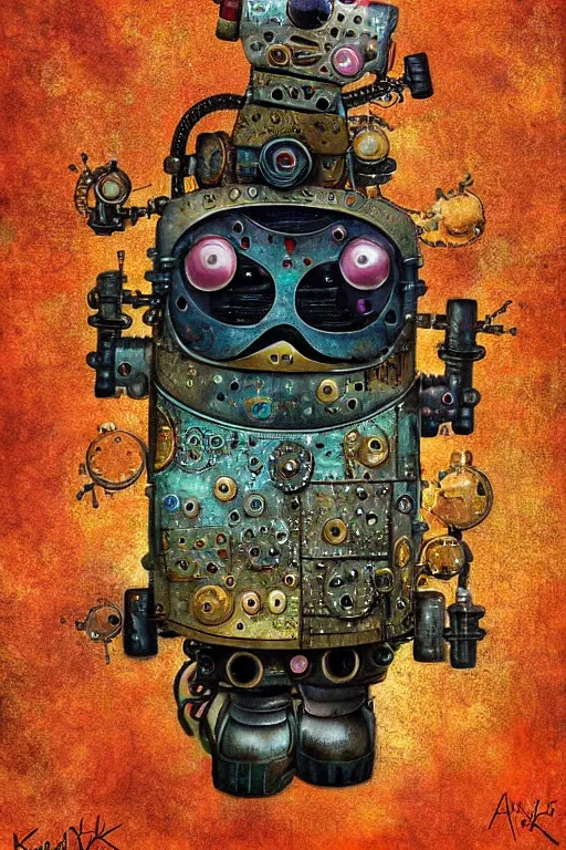 Prompt: robot pug, made of bolts, rivets and tin, fairytale, magic realism, steampunk, mysterious, vivid colors, by andy kehoe, amanda clarke