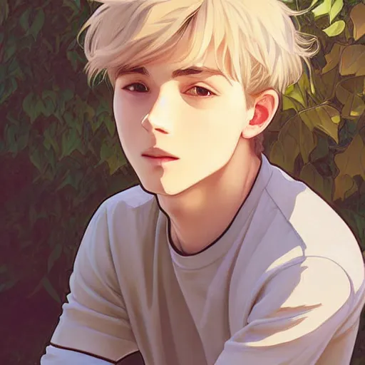 Image similar to young man with short, ash blond greyish hair, light brown eyes, casual clothes, relaxing, happy, path traced, highly detailed, high quality, digital painting, by studio ghibli and alphonse mucha, beautiful details, soft and cosy