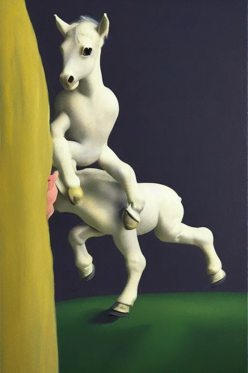 Image similar to small foal sits on the back of his astronaut father, hauntingly surreal, highly detailed painting by francis bacon, edward hopper, adrian ghenie, gerhard richter, and james jean soft light 4 k,