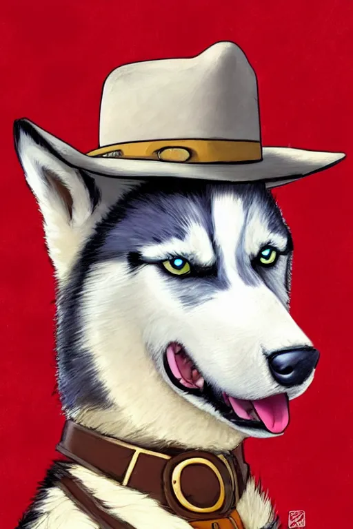 Image similar to a portrait painting of a husky in cowboy costume, wearing a cowboy hat, by [ studio ghibli ], in the style of anime, [ western film ], [ red dead ], trending on artstation