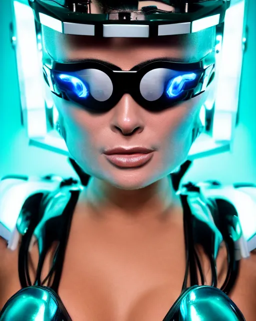 Image similar to centered portrait of flirtatious young carmen electra as a solarpunk mecha humanoid robotic parts wearing goggles with bright turquoise lights, real human face, pudica pose by bouguereau, inside white room, ultra - realistic and intricate, soft portrait shot 8 k