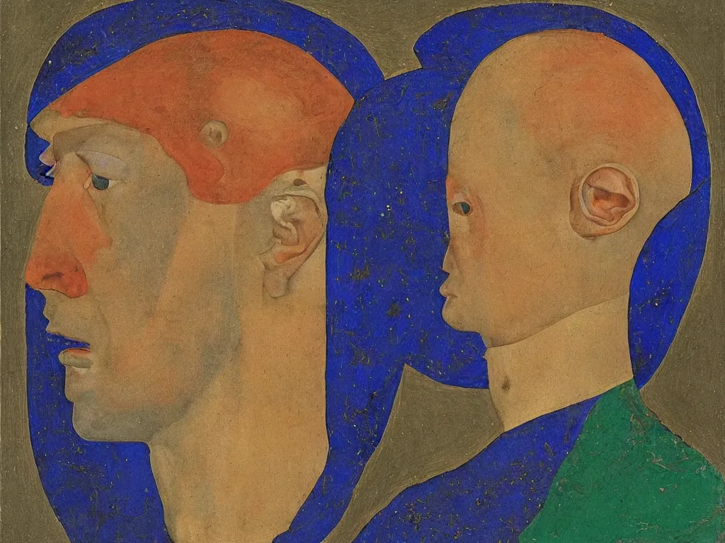 Image similar to portrait of a man head with painted archaic mask. lapis lazuli, malachite, cinnabar, indigo, gold. painting by piero della francesca, balthus, agnes pelton