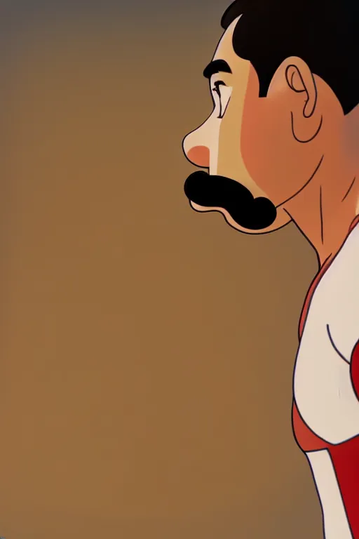 Prompt: animation still frame of a french athlete with a mustache, high angle closeup portrait, blurry background of a gym room, disney, pixar, bloom, medium shot, dramatic lighting, in the style of studio ghibli, j. c. leyendecker, greg rutkowski, artgerm