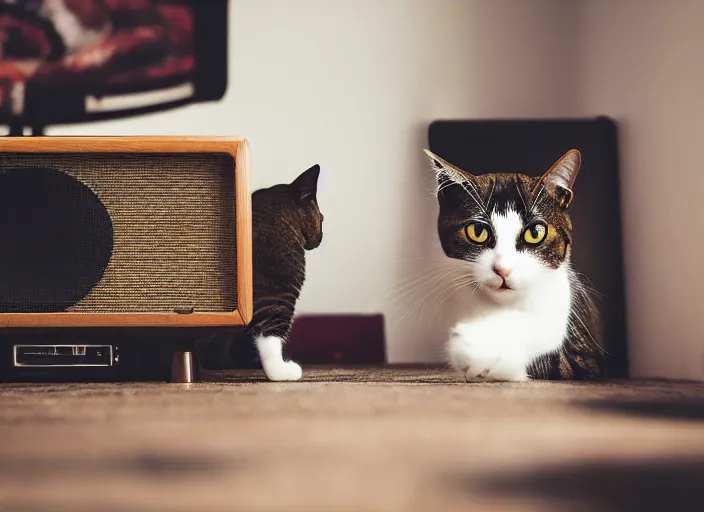 Image similar to photography of a Cat sitting on a record player. in a room full of posters, photorealistic, raining award winning photo, 100mm, sharp, high res